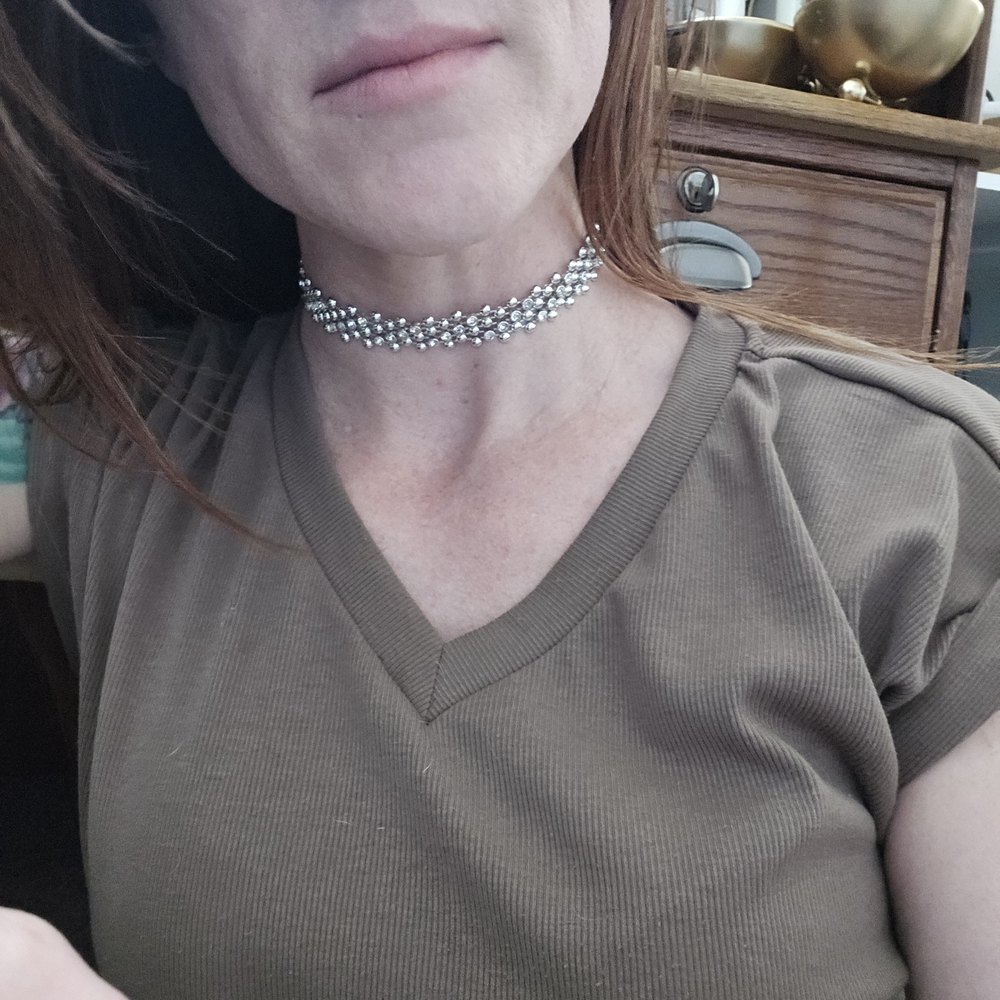 💎 Silver-Tone Multi-Row Beaded Rhinestone Choker Necklace – 15.5" NWOT
